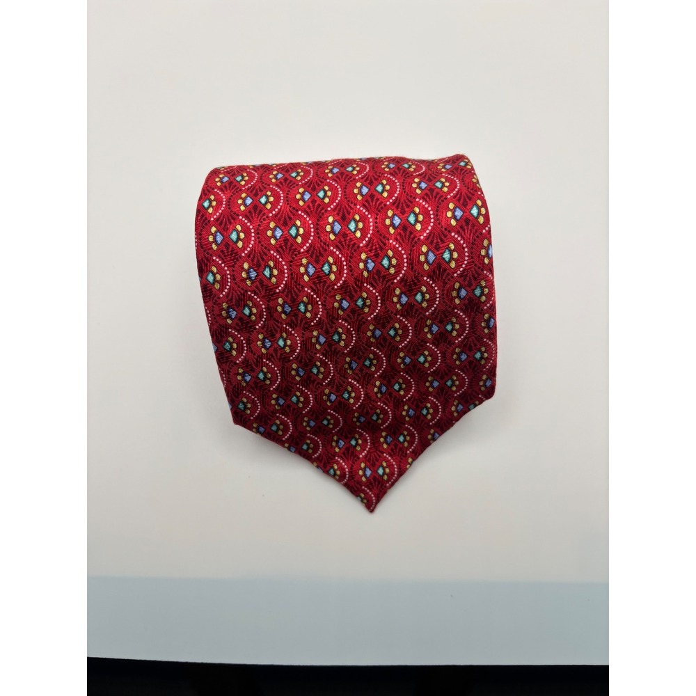 Ermenegildo Zegna Silk Tie Red Geometric Medallion Fan Pattern Italy 2208
